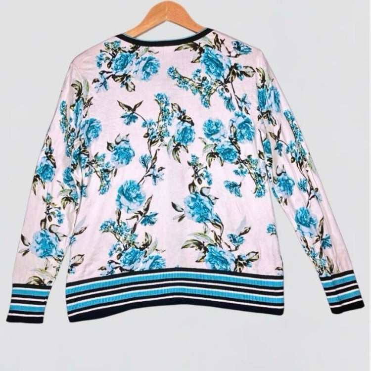 Emaline White Blue Floral Print Long Sleeve Button Down Cardigan Size M