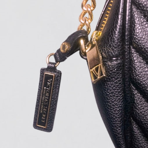 Victorias Secret Black Quilted Crossbody Bag Zip Closure Gold Chain Logo