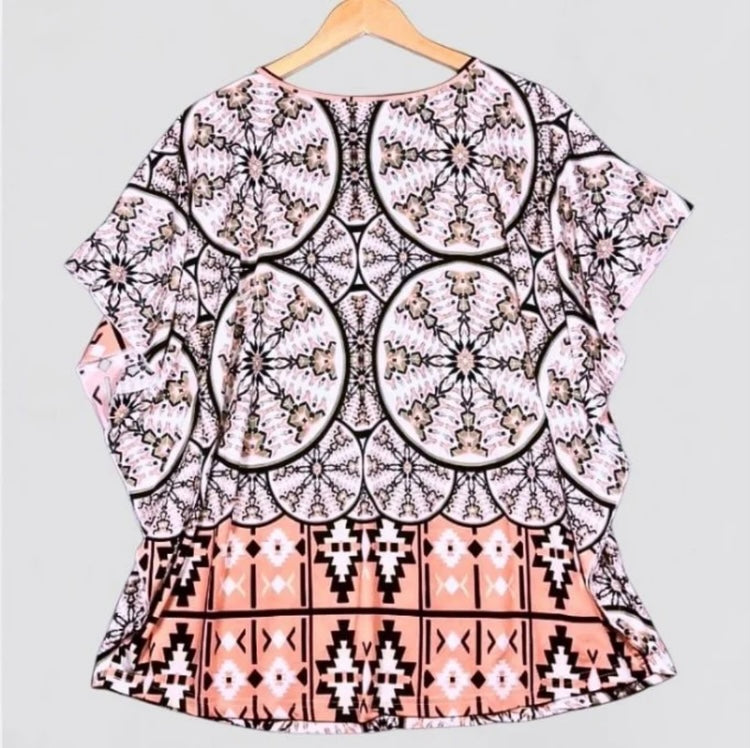 Stem & Vine Women Coral Print Lightweight Blouse Medium