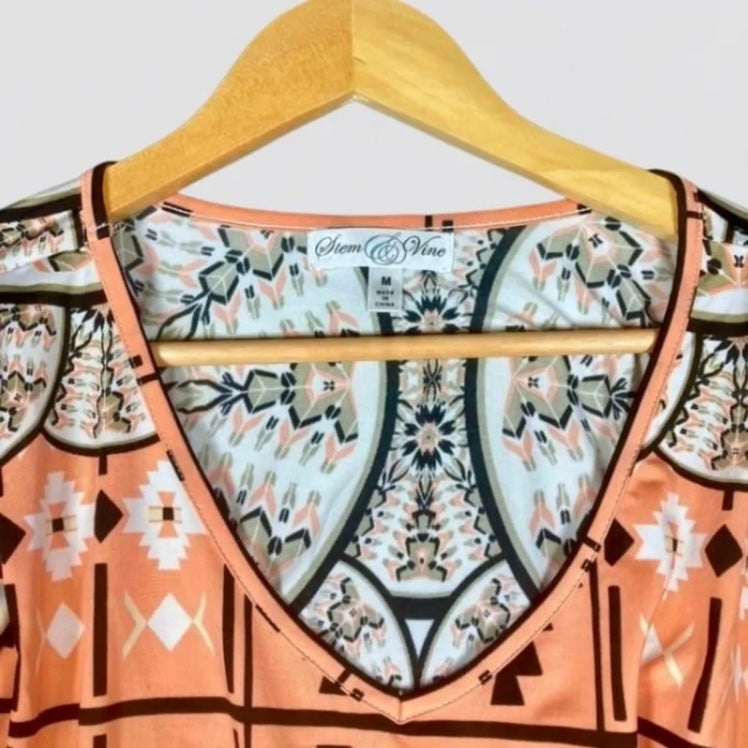 Stem & Vine Women Coral Print Lightweight Blouse Medium
