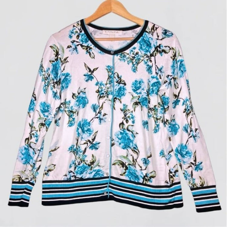 Emaline White Blue Floral Print Long Sleeve Button Down Cardigan Size M